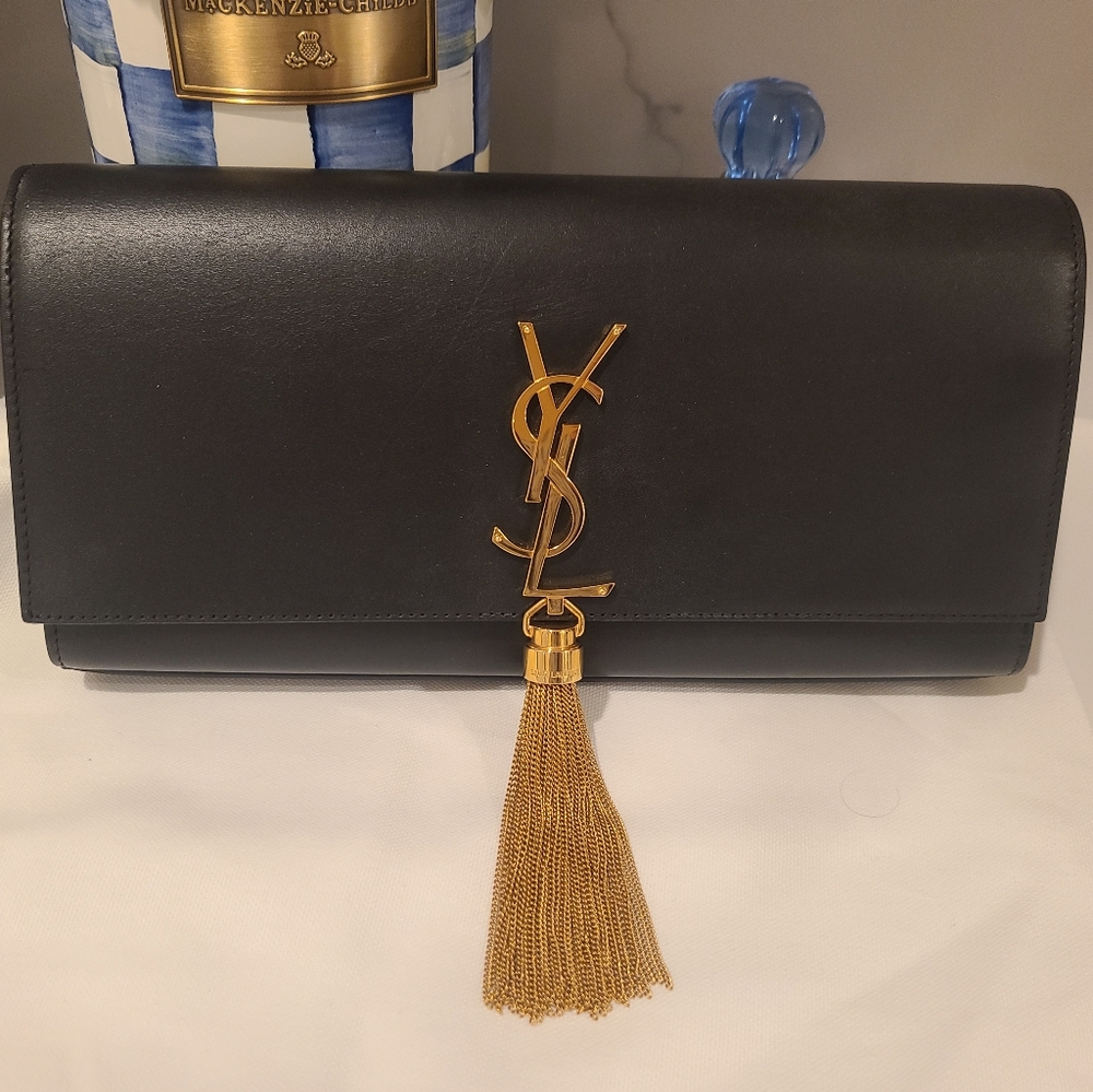 AUTHENTIC YSL black Calfskin Kate Tassel Clutch